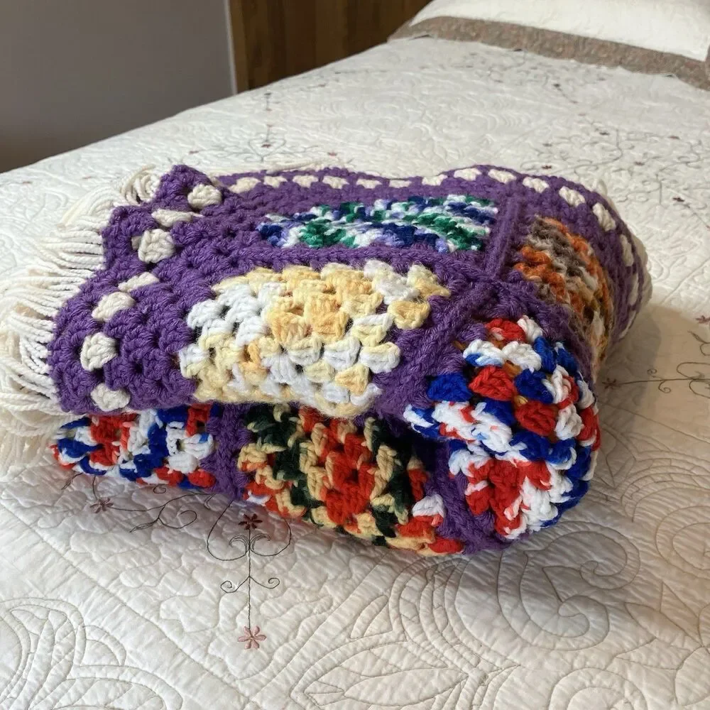 Vtg Granny Square Handmade Crochet Afghan Blanket Multicolor 51x60 Fringe